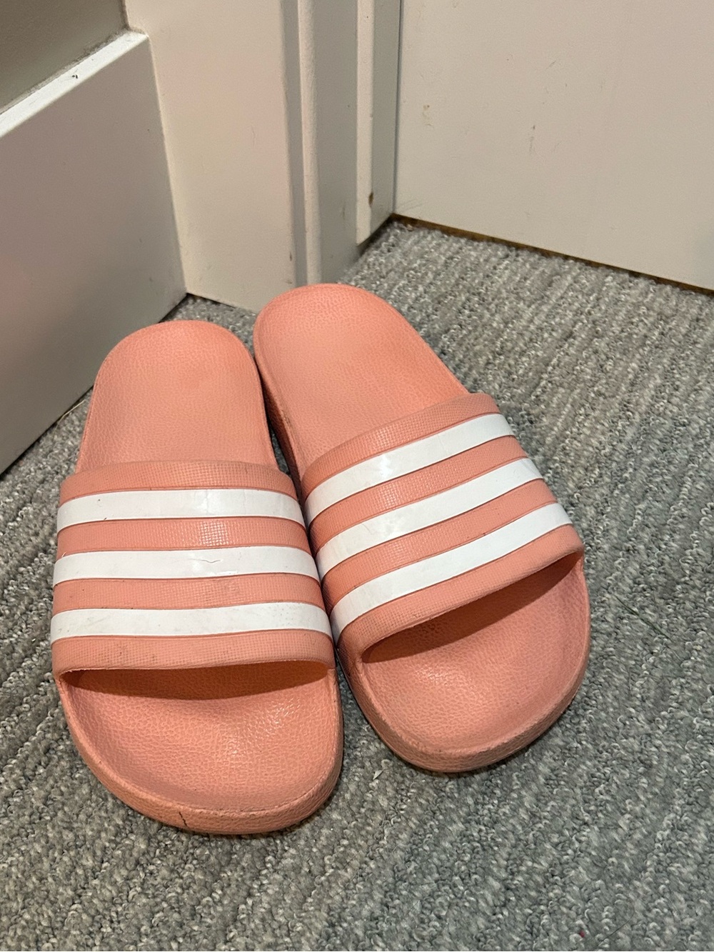 Adidas Pink/coral Slide Sandals with White Stripes